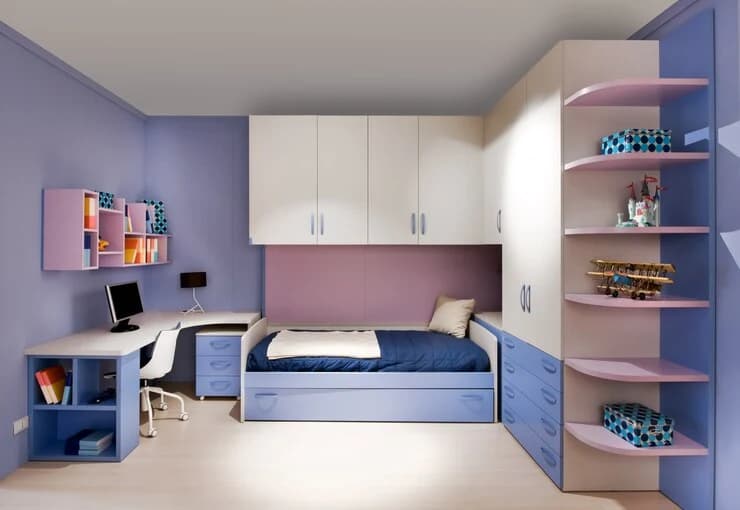 Dormitorio juvenil con cama nido, armario alto y escritorio