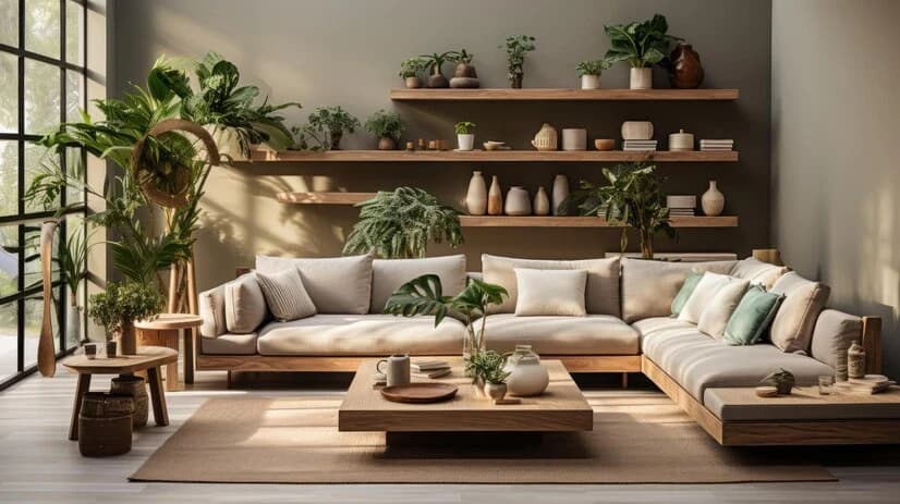 Salón luminoso con sofá rinconero de madera, cojines claros y plantas